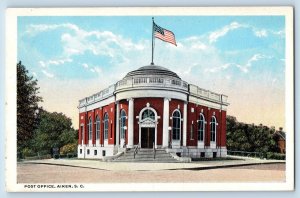 c1920's Post Office Building US Flag Facade Steps Aiken South Carolina Postcard