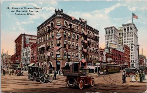 Spokane WA Howard Street & Riverside Ave Washington Trolley Autos Postcard E80