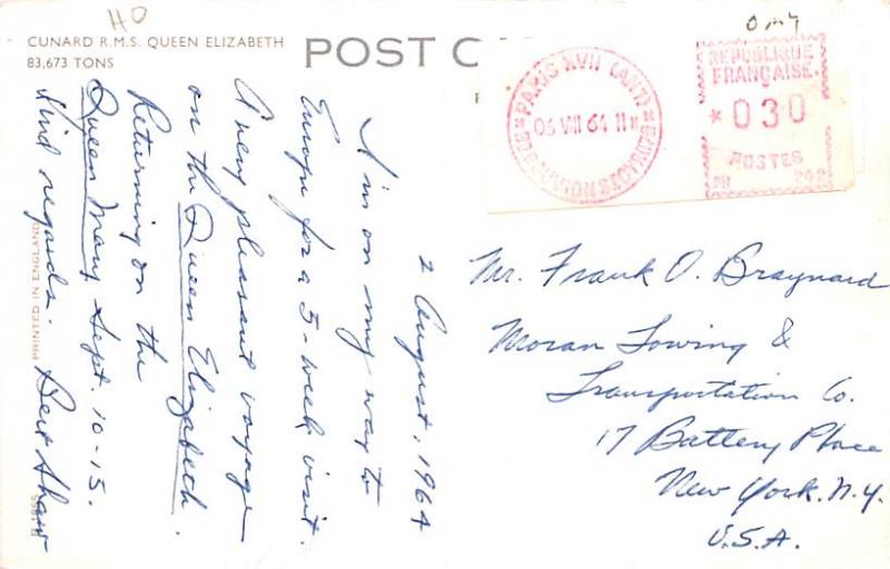 Cunard RMS Queen Elizabeth Ship 1964 Ink Stamp 