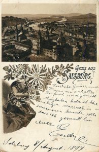 B584 Austria Litho Gruss aus Salzburg Edelweiss gnome dward and panorama 1897