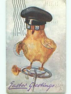 c1910 easter HUMANIZED CHICK IN HAT & DRIVING GOGGLES ON STEERING WHEEL J2320