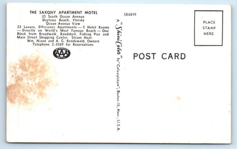 DAYTONA BEACH, Florida FL ~ Roadside SAXONY APARTMENT MOTEL c1960s Postcard