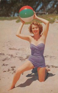 Catch? Pin-Up Girl Beachball Bathing Beauty Risque 1950s Vintage Postcard
