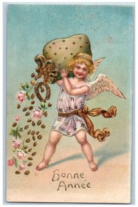 New Year Postcard Bonne Anne Angel With Sack Coins Horseshoe Flowers Embossed