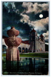 c1950 Fountain Santa Barbara Mission Pond Moonlight Night Building CA Postcard