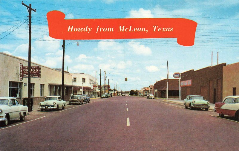McLean TX Rexall Drug Store Storefronts Old Cars Truck on U.S. 66 Postcard