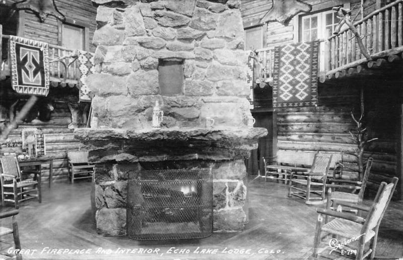 Echo Lake Lodge Colorado Fireplace Interior Real Photo Antique Postcard K50569