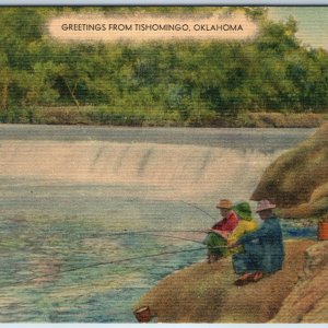 c1940s Tishomingo, OK Greetings Fishing Dam on Pennington Creek Lake Texoma A243