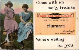 Postcard MO Sturgeon train ticket I Long for you R.R. women True Love Line