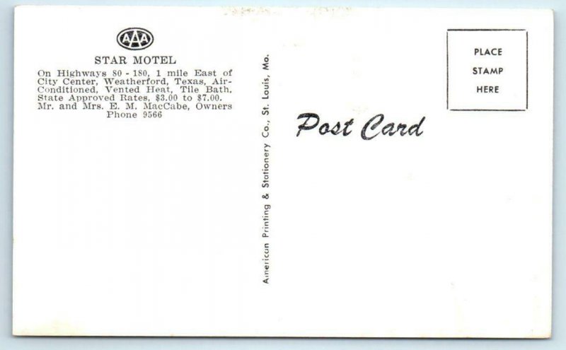 WEATHERFORD, Texas TX  Roadside STAR MOTEL  Parker County c1950s  Postcard