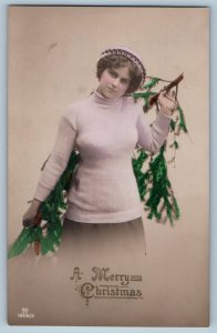 c1910's Christmas Pretty Woman Christmas Tree RPPC Photo Antique Postcard
