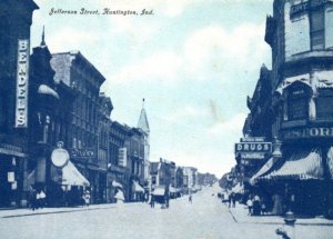 Huntington IN Indiana Jefferson Street Clock Drug Store Postcard
