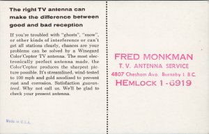 Winegard Color'Ceptor Antenna Advertising Fred Monkman Burnaby BC Postcard G32