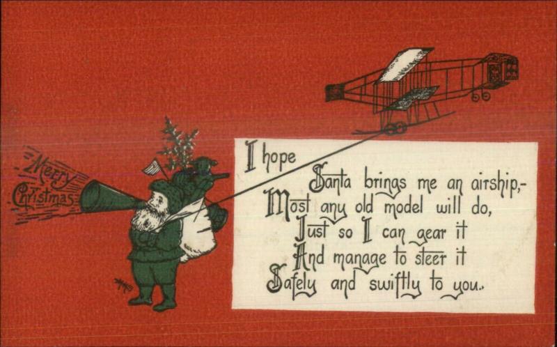 Christmas - Santa Claus Airplane Green Coat Megaphone GK Prince Postcard