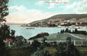 Vintage Postcard Village Of Gaspe Ocean Boats Mountains Grounds Quebec Canada