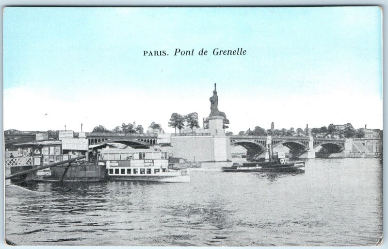 c1900s Paris, France Pont de Grenelle Bridge Statue Seine River Boat Pier A359