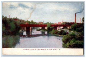 c1910 Fox River North Hurds Island Locomotive Train Aurora Illinois IL Postcard