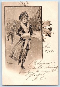 Signed Postcard Christmas Pretty Hand Warmer Ice Skating Snow Winter Berries