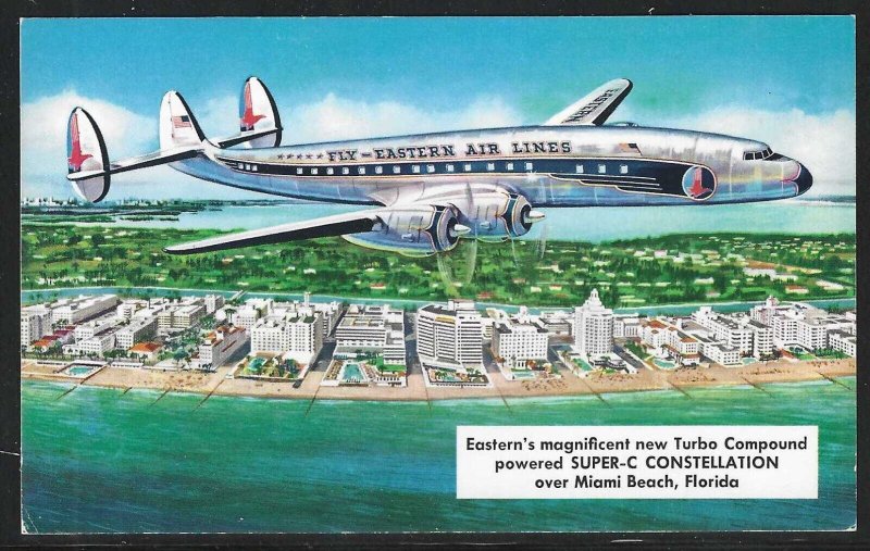 Eastern Air Lines Super-C Constellation Over Miami Beach, Circa 1950's Postcard