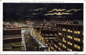 Postcard IL Rockford - State Street at Night Looking East