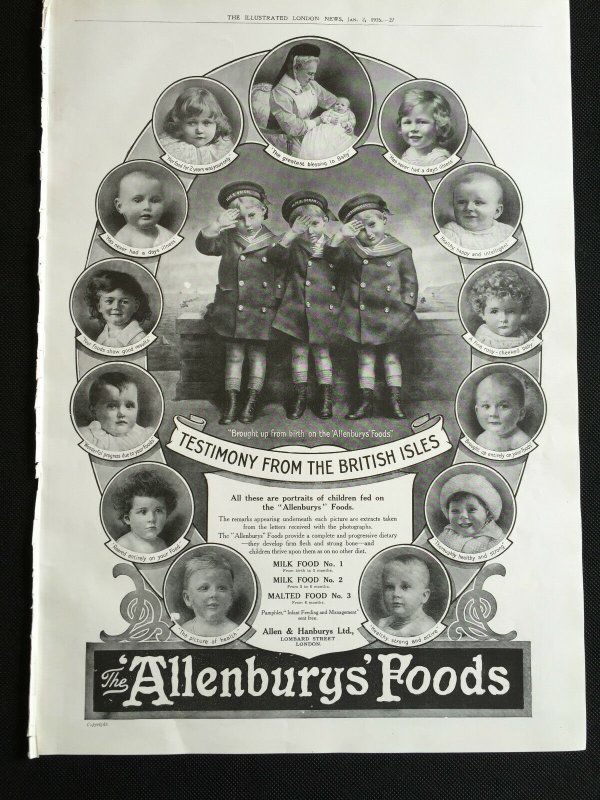 WW1 Era 1915 Newspaper Advert Page ALLENBURYS FOODS TESTIMONY FROM BRITISH ISLES