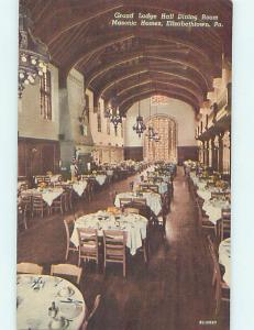 Unused Linen GRAND LODGE MASONIC DINING ROOM Elizabethtown Pennsylvania PA M9367