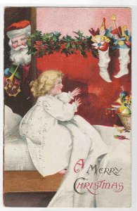 Santa Child in Bed Christmas Stocking 1908 postcard