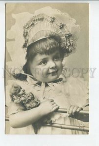 462418 Girl in Mobcap w/ DOLL Vintage PHOTO postcard