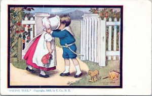 Postcard Dorothy Dixon 505 - Paying Toll bonnet children kissing at gate