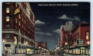 ANDERSON, Indiana IN ~ Night MERIDIAN STREET Scene c1940s Linen  Postcard