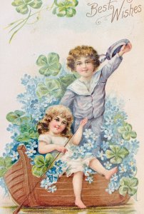 Antique 1900s Embossed German Postcard Cute Boy Girl Boat Clovers Best Wishes