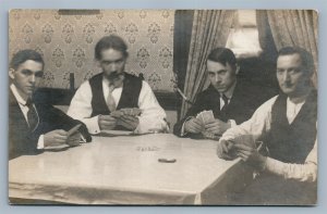 MEN PLAYING CARDS ANTIQUE REAL PHOTO POSTCARD RPPC