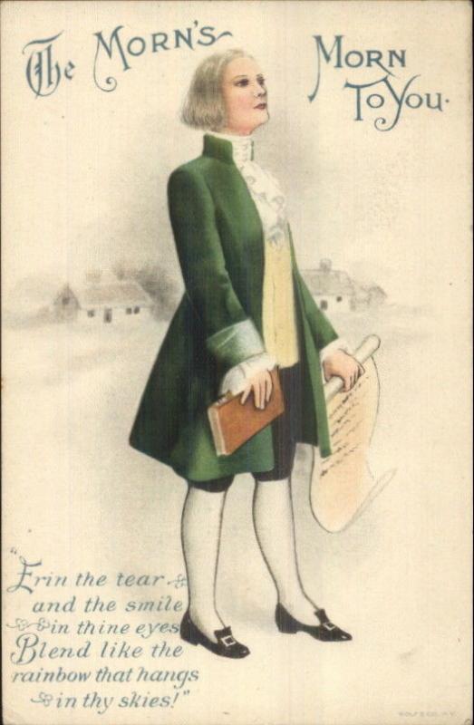 St. Patrick's Day Young Man in Green Powdered Wig Unsigned Clapsaddle Postcard