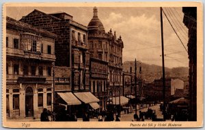 Vigo Spain Puerta Del Sol Y Hotel Moderno Main Street & Building Postcard