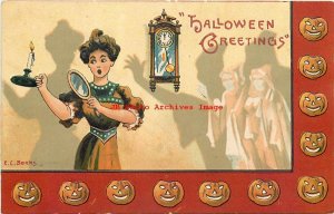 Halloween, Kathmann NL No RKL01-5, EC Banks, Woman with Candle Scared by Ghosts