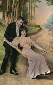 Vintage Postcard 1910s Woman and Man together on Hammock in Love