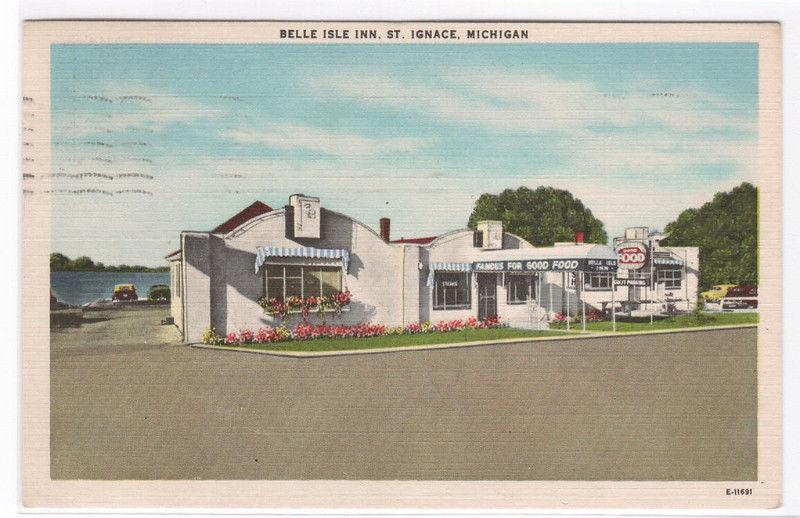 Belle Isle Inn St Ignace Michigan 1952 linen postcard