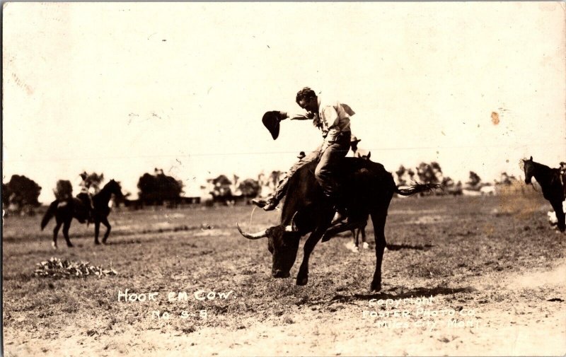RPPC Cowboy Hook Em Cow Miles City MT Vintage Postcard R59