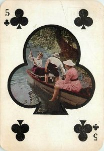 c1908 Postcard; Playing Card, 5 of Clubs, Man & 2 Women in a Boat, Posted