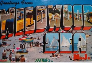 Wildwood By The Sea New Jersey Shore Postcard Large Letter Tram Cars Beach Town