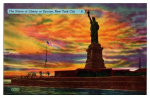 Vintage The Statue of Liberty at Sunrise, Colorful, New York City, NY Postcard