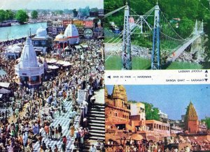 VINTAGE CONTINENTAL SIZE POSTCARD CROWDED SCENE & BRIDGE MULTI VIEWS INDIA 1970s