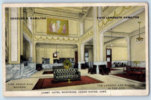 Cedar Rapids Iowa IA Postcard Lobby Hotel Montrose Interior Scene 1917 Antique