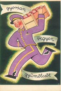 Fruits delivery vitamin C advertising postcard Hungary postman drawn boy
