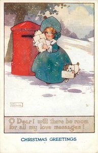 Tuck Christmas Postcard C5003 Agnes Richardson Girl, Dog at Mailbox Love Message