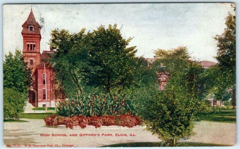 ELGIN, Illinois  IL   HIGH SCHOOL & Gifford's Park  1908   Postcard