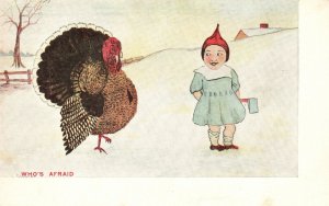 Who's Afraid? Cute Little Girl and a Big Mama Turkey Vintage Postcard c1900