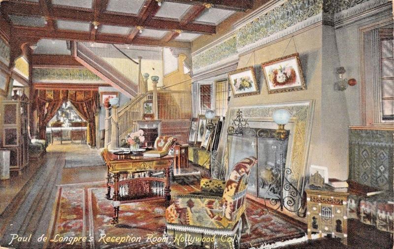 HOLLYWOOD CA~ARTIST PAUL de LONGRE-RECEPTION ROOM AT HOME-RIEDER POSTCARD 1900s