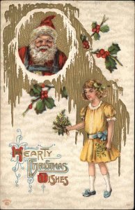 Christmas Santa Claus Children Girl Gilt Embossed c1900s-20s Postcard