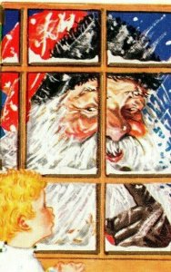 Vintage 1910's Christmas Postcard Little Boy Sees Giant Santa in Window CUTE